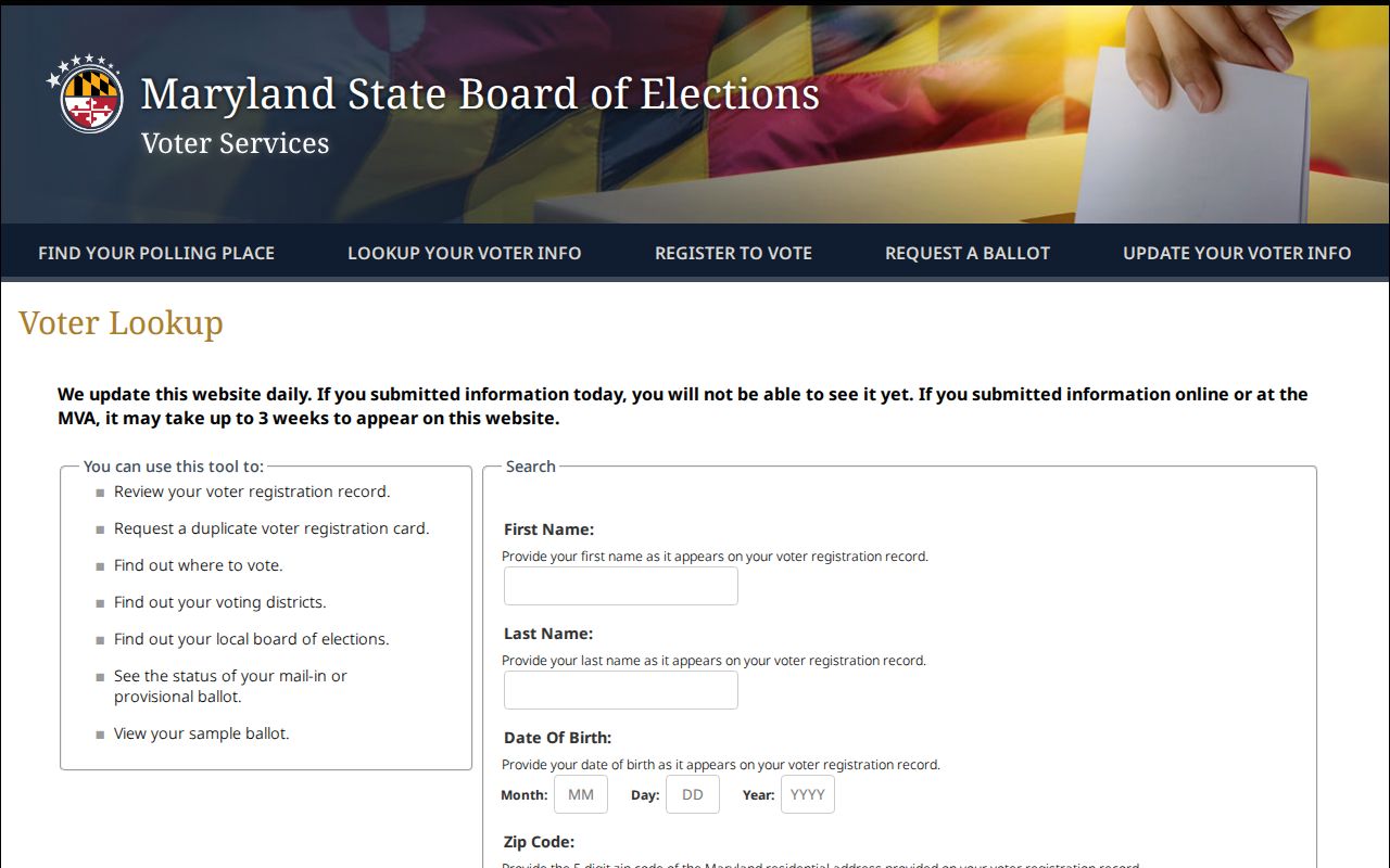 Harford County voter registration lookup fields on Maryland Voter Lookup